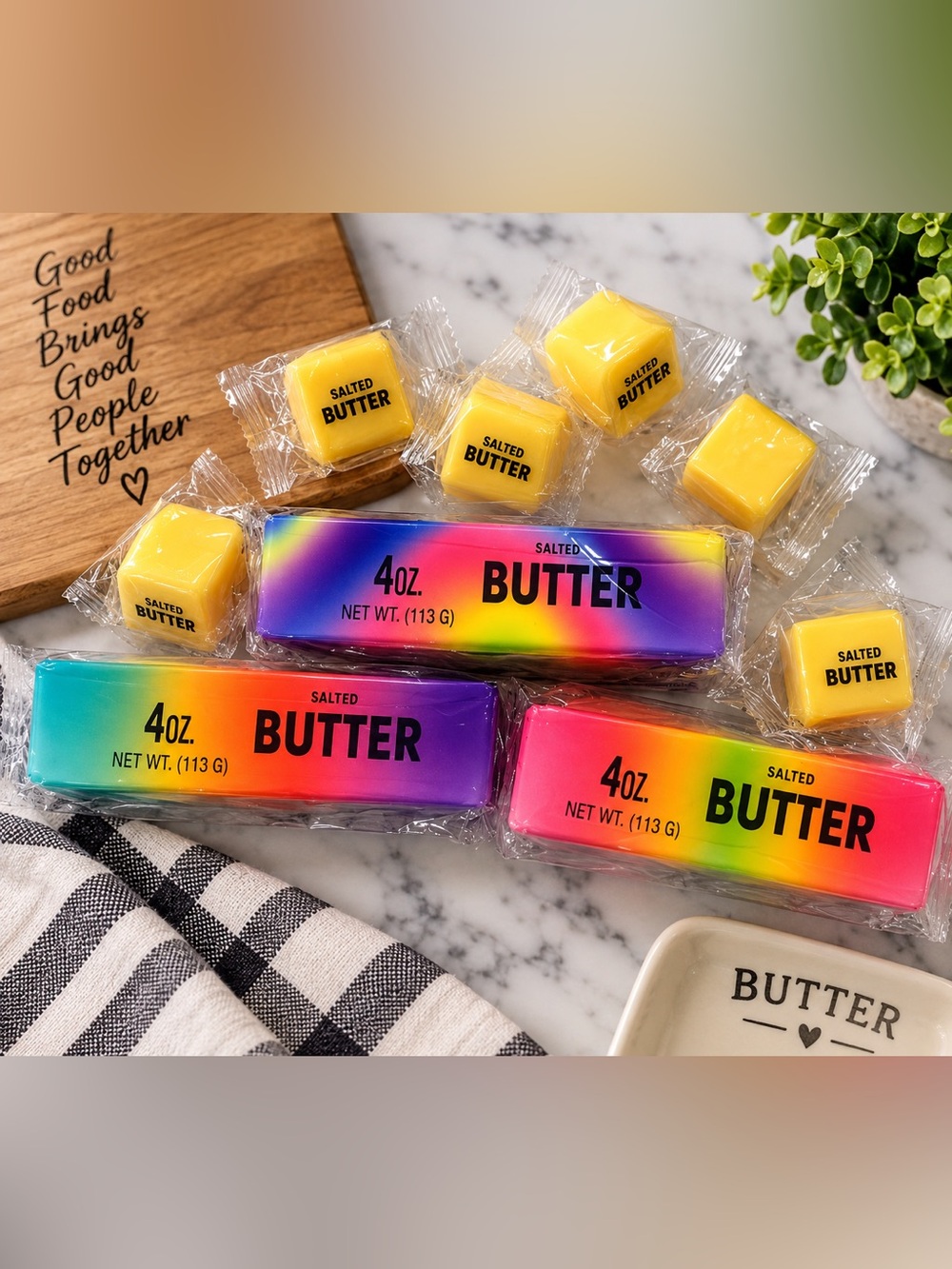 1 random rainbow squishy butter and 2 squishy cubes